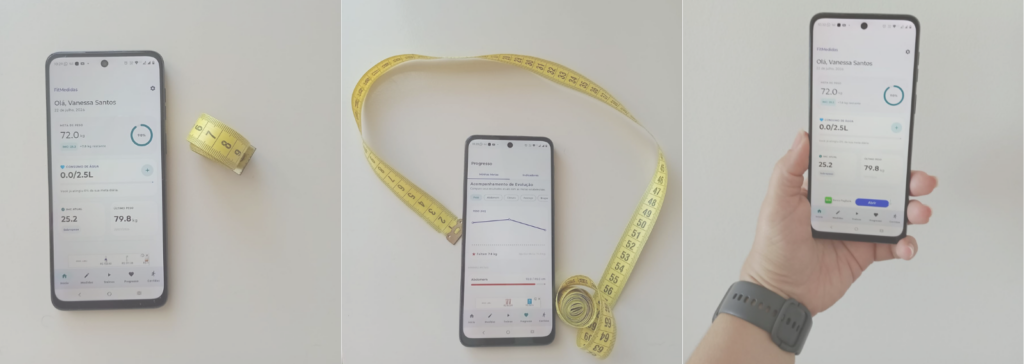 imagem da tela do celular e 3 visões diferentes e mais uma fita métrica